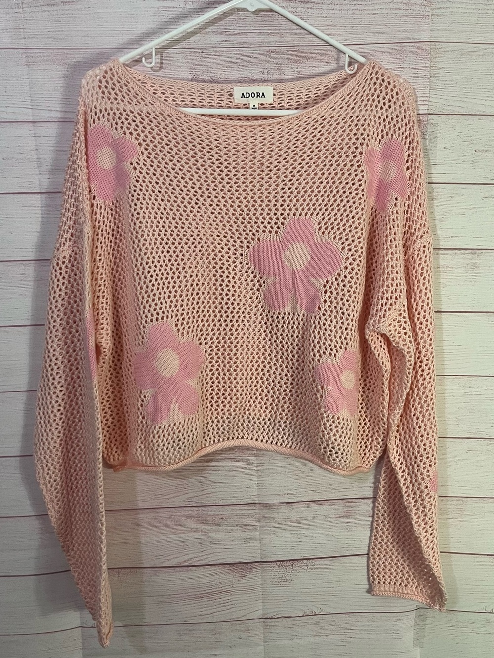 Adora Pink Floral Floral Mesh Knit Oversized‎ Sweater Medium